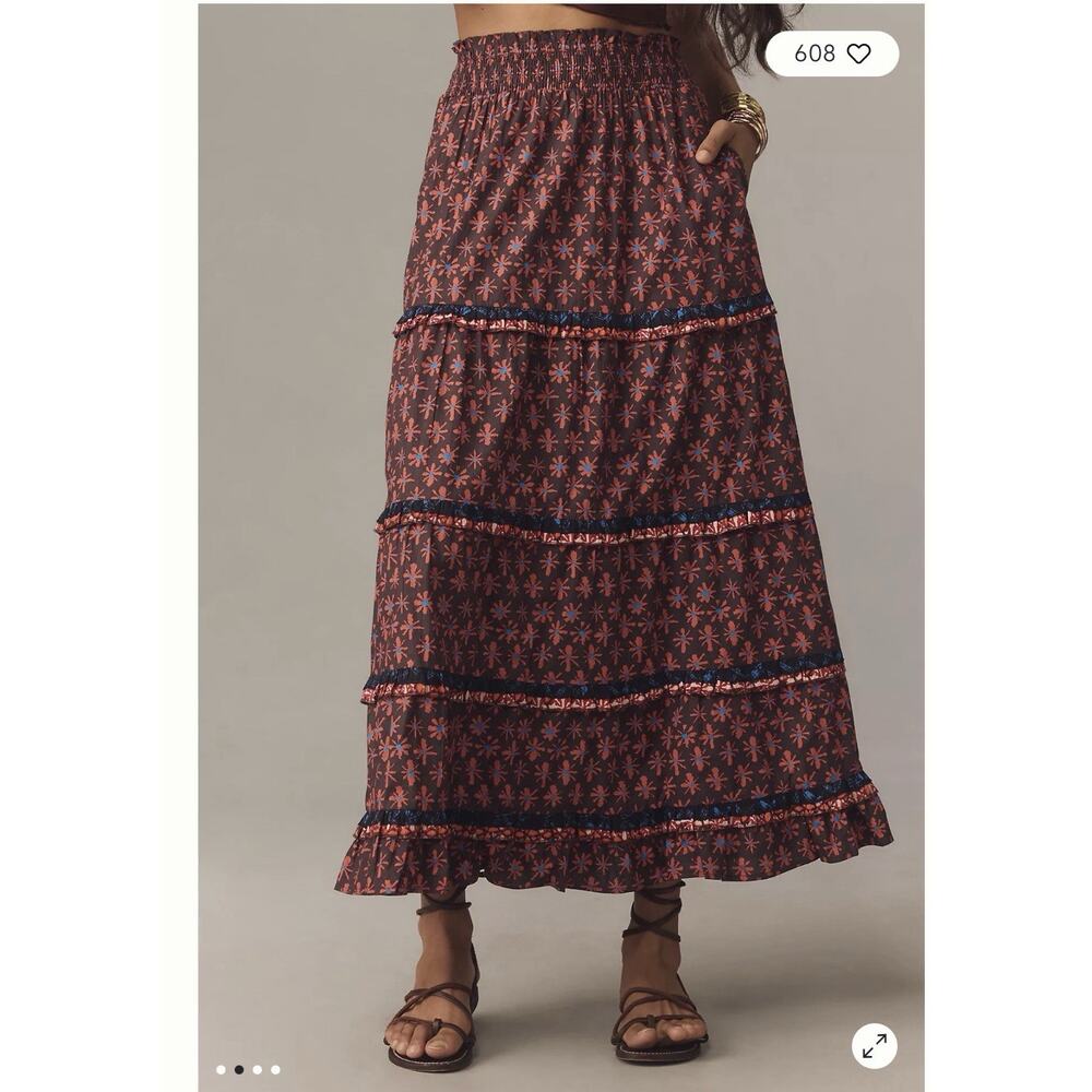 Anthropologie Skirt Genevieve Floral Tiered Maxi Skirt XL Maroon Boho New - Picture 3 of 9